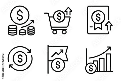 Return on investment icons set in line style, showing capital growth, sales increase, dividends, ROI profits, financial growth and money collection concept, vector illustration