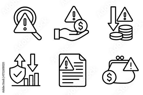 Risk management icon set in line style, risk analysis, investment risk warnings, minimizing financial losses, secure planning, cost reduction, financial alert symbols, transparent vector collection