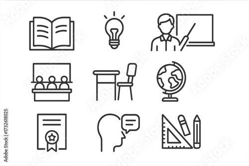 School icons in line style, education symbols collection with teacher, classroom, study desk, globe, certificate, speech, geometry tools, knowledge concepts vector set