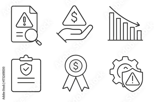 Risk management web icon set in line style, including risk analysis, risk investment, loss minimization, planning, cost reduction, financial safety, and security concepts, vector illustration