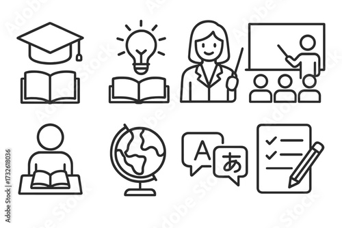 School and education icons set in line style with teacher, classroom, study, knowledge symbols, language learning, globe and checklist, vector illustration collection