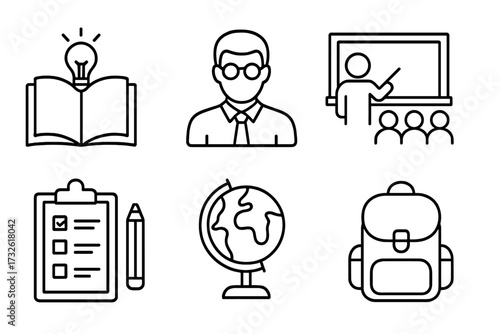 School line icons set education symbols vector. Knowledge, teacher, classroom, study, learning, language, globe, backpack, checklist, study tools, school supplies, education concepts, learning icons