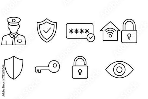 Security web icons set in line style, featuring guard, cyber security, password protection, smart home safety, data protection, key, shield, lock, unlock, and eye access vector illustration