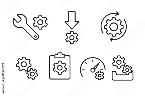 Setup and Settings Web Icons in Line Style, Options for Download, Update, Configuration, Gears, Optimization, System Maintenance, Technology Vector Illustration