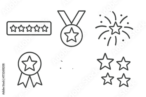 Star icons collection line style with rating stars, medal, firework, award ribbon, and celebration elements, vector illustration with transparent background, ordered set for web design and UI