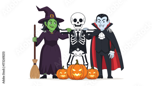 Spooky Halloween Trio: A captivating vector illustration features a classic Halloween scene, with a cheerful witch, a skeleton, and a vampire gathered around festive jack-o'-lanterns.