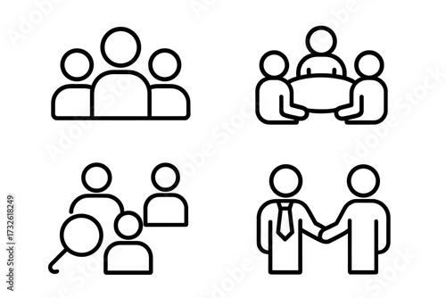 Teamwork and collaboration business icon set with human resources, partnership, meeting, support, research, and professional people line style vector illustration collection