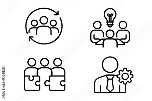Teamwork and collaboration icons in line style. Business team, partnership, human resources, meeting, research, support, businessman, united group, professional cooperation, vector set