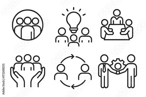 Teamwork icon in modern line style, group of business people collaborating in human resources, partnership, meeting, support, research, and teamwork concept vector collection