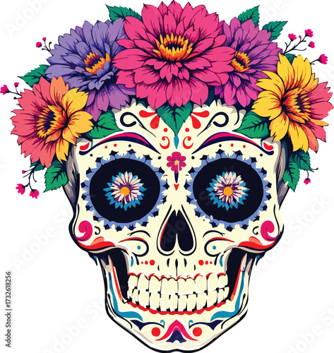 Day of the Dead skull vector with floral crown, colorful patterns, and cultural motifs for Día de los Muertos celebration design