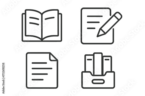 Minimalist line style text web icons set including open book for reading, note with pencil for copywriting, document file, and organized folder collection with transparent background