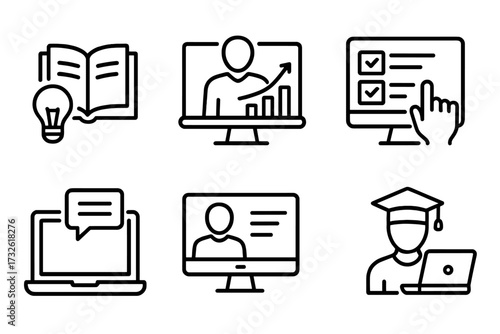 Training and Education Web Icons in Modern Line Style, Online Seminar, Distance Learning, Webinar Course, Interactive Test, E-Learning, Digital Education Concept, Vector Illustration