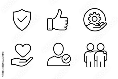Trust web icons in line style with integrity, confidence, reliability, credibility, empathy, friendship symbols collection, vector illustration with transparent background, social values icons set