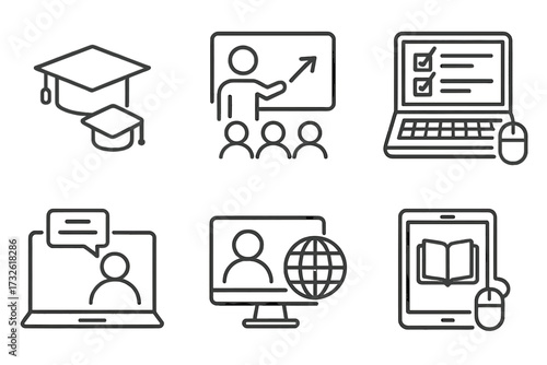 Training and Education Web Icons Set in Line Style with Transparent Background, Featuring Seminar, Online Test, Webinar, Course, and Distance Learning Symbols, Vector Illustration