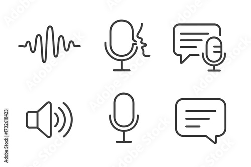 Voice web icons in line style, sound wave, voice recognition, speech bubble, audio message, microphone set, vector illustration, communication and technology symbols collection