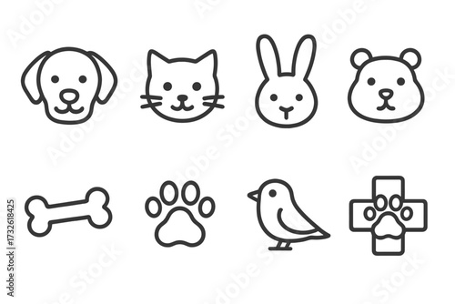 Line style pet icons set including dog, cat, rabbit, hamster, bird, bone, paw print, veterinary cross symbol for pet care and animal lovers vector illustration