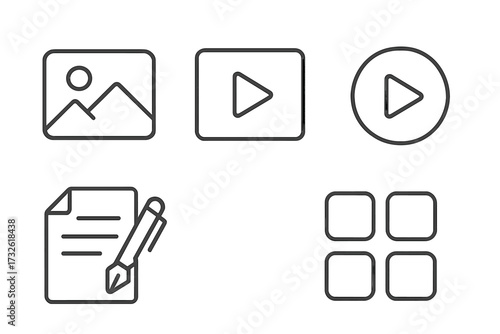 Web content line style icons set including photo, video, media, blogging, writing, and layout symbols. Minimalist vector illustration with transparent background, modern design.