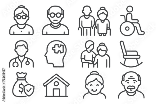 Elderly care icons line style set with seniors, grandparents, wheelchair, doctor, Alzheimer’s, caregiver support, retirement, pension, home care, and health symbols vector