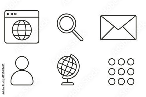 Website and internet icons set in line style, including web browser, search magnifier, email envelope, user profile, globe, and grid interface symbols, vector collection