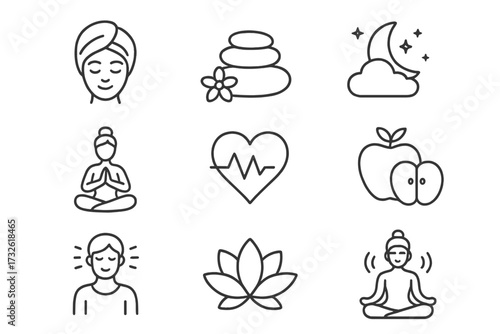 Wellness and relaxation icon set in line style including spa treatment, sleep, yoga meditation, healthy lifestyle, spiritual practice, heart health, and natural healing vector illustration