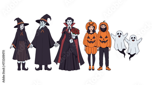 Halloween Costume Parade: A collection of six stylized illustrations depicting the spirit of Halloween, featuring iconic costume characters such as witches, vampires, pumpkins, and friendly ghosts.