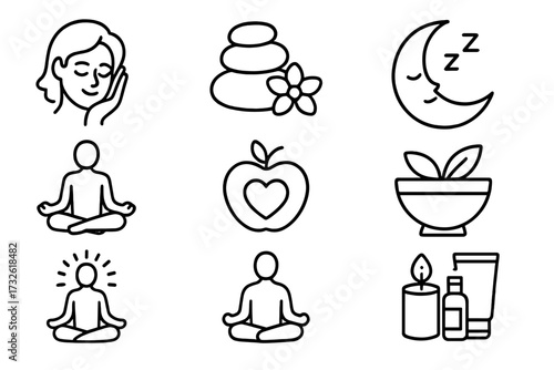 Wellness icon set in line style, relaxation, spa, sleep, yoga, health, lifestyle, spiritual practice, meditation, mindfulness, healing, self-care, calm, zen, holistic health, vector illustration