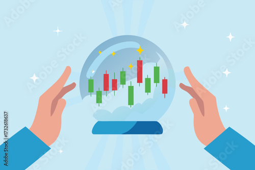 Hands holding a crystal ball showing a stock market candlestick chart with rising and falling prices