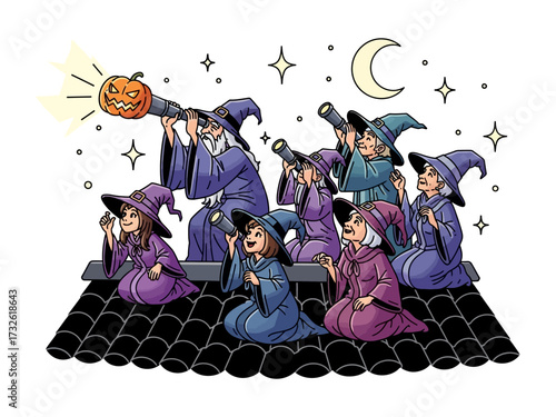 Witches Observe the Celestial Tapestry: A coven of whimsical witches, adorned in vibrant robes and pointed hats, peer intently through telescopes, their gaze directed towards the starry expanse.