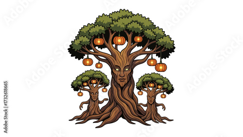 Mystical Grove: A vibrant illustration showcasing three whimsical trees, each personified with expressive faces and lush foliage, adorned with unique, glowing fruit.