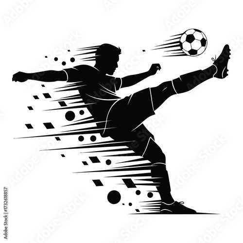 Dynamic silhouette of soccer player kicking ball with energetic streaks action shot silhouette