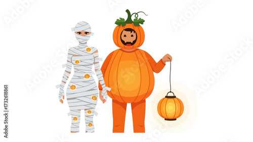 Spooky Halloween Duo: Two individuals dressed in delightful Halloween costumes, one as a mummy and the other as a pumpkin, with a lantern creating a spooky yet cheerful atmosphere.