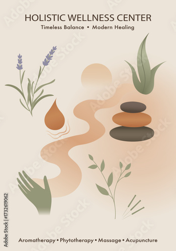Holistic wellness center poster with natural healing elements for balance and relaxation