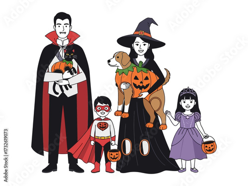 Happy Halloween Family: A family embraces the spirit of Halloween, adorned in whimsical costumes. This digitally rendered scene portrays a family's love and fun in a colorful, celebratory scene.