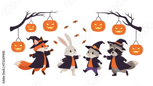 Halloween Gathering: A whimsical illustration featuring four adorable forest creatures dressed in Halloween attire, gathered in front of the illuminated pumpkin lanterns.
