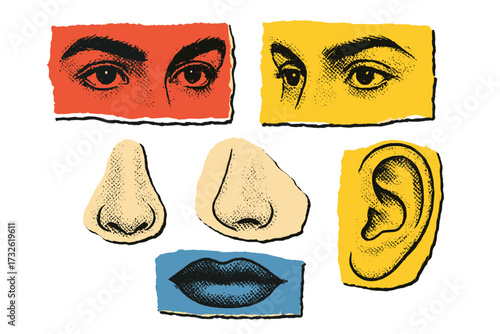 90s punk style collage elements set. Eyes, nose, lips, and ear in halftone treatment. Retro magazine clippings with torn paper effect. Dotted offset vintage vector parts.