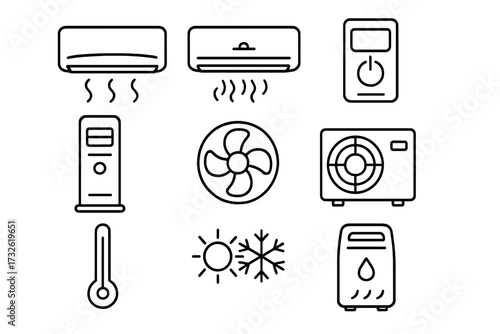 Air conditioning line icon set. HVAC system symbols. Cooling, heating, ventilation. Climate control pictogram collection. Fan, conditioner, dehumidifier, thermometer signs. Editable stroke.