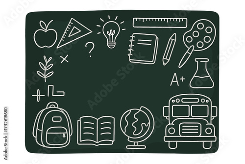 Back to school concept with chalk doodle icons on a blackboard. Education background frame with hand drawn supplies, bus, globe, and book. Vector learning illustration with copy space.