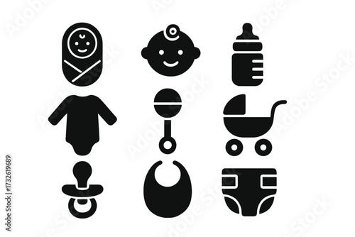 Baby essentials icon set. Simple black silhouette glyphs for newborn and infant care. Vector collection includes pacifier, diaper, stroller, rattle, bottle, bib and bodysuit.