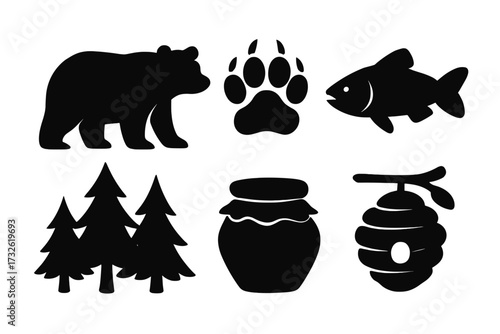 Bear silhouette icon set with paw print, fish, forest trees, honey pot, and beehive. Vector collection of wildlife and nature elements. Black animal symbols isolated on white.