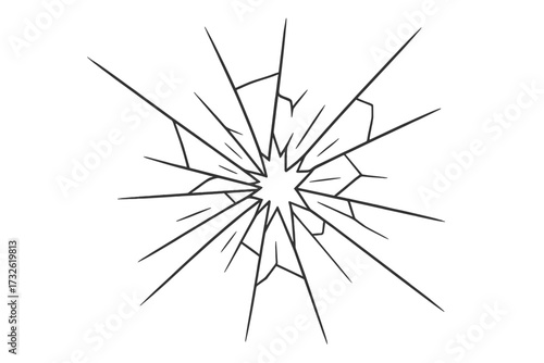 Broken glass vector outline illustration. Shattered window with cracks from impact. Damaged surface texture. Destruction concept icon for graphic design. Isolated element.