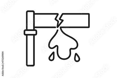 Broken pipe with water leak line icon. Burst pipeline, plumbing problem concept. Symbol for water damage, home accident, emergency repair service and house maintenance.