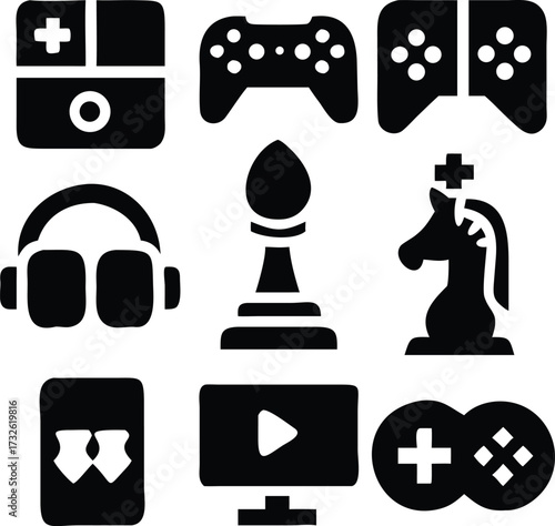 Collection of black gaming and chess icons on white background video game controller
