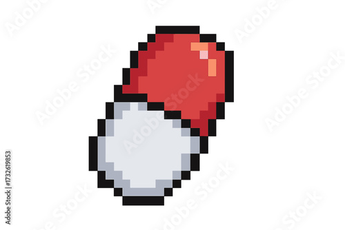 Pixel art pill icon for retro video game. 8-bit medicine capsule graphic. Medical drug, vitamin, or antibiotic symbol. Healthcare and pharmacy concept for health treatment.