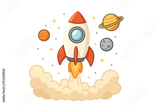 Business startup launch vector concept. Cartoon rocket ship flying in space with planets. Metaphor for project development, success, growth, boost, and new ideas. Spaceship.