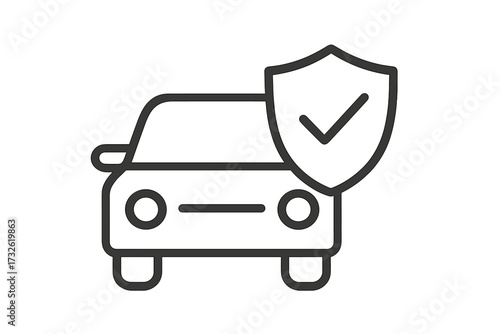 Car insurance icon. Vehicle protection and security guarantee. Auto warranty policy approved symbol. Shield with checkmark for safety and secure transport. Linear vector sign.