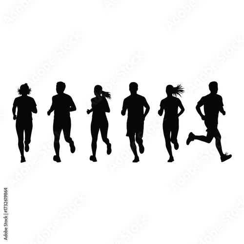 Silhouettes of a diverse group of runners in motion capturing athleticism and fitness silhouette