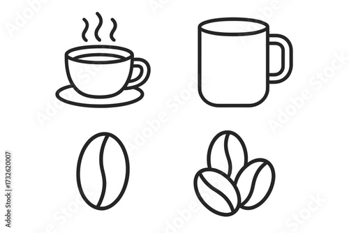 Coffee cup and bean line icon set. Editable stroke vector for cafe menu, beverage sign, caffeine symbol. Minimalist hot drink, espresso, and mug graphic design collection.