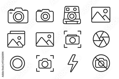 Photography line icon set. Photo camera, instant picture, gallery, focus frame, lens aperture, and flash symbol. Simple outline vector pictogram collection for photographer.