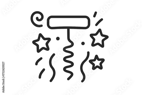 Corkscrew wine bottle opener line icon for party and celebration. Vector linear illustration of a festive event with confetti and stars. Simple doodle for new year or birthday.