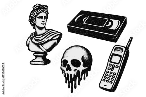 Trendy Y2K elements set. Grungy antique statue, video cassette, melted skull, retro cellphone with photocopy grain effect. 90s nostalgia, brutalism street wear design.